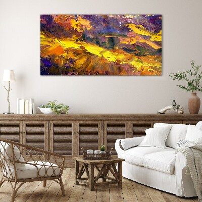 An expressive landscape in intense colors. Glass Print