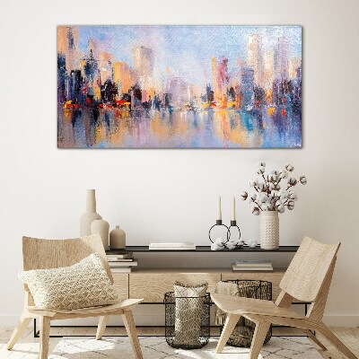 The city in the glow of sunset Glass Print