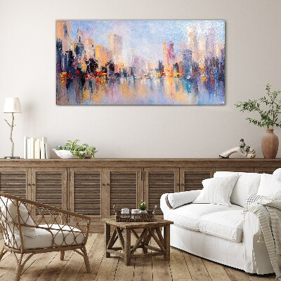 The city in the glow of sunset Glass Print