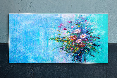 Floral composition on a blue background Glass Print
