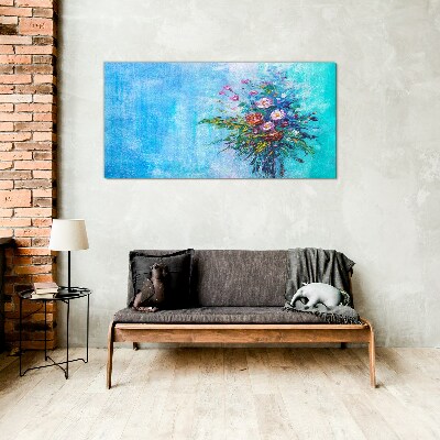 Floral composition on a blue background Glass Print