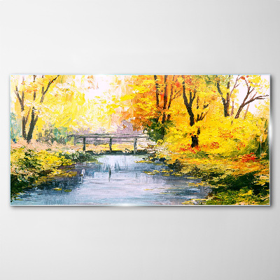 Golden autumn on the river Glass Wall Art