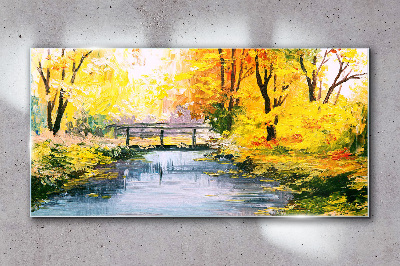 Golden autumn on the river Glass Wall Art