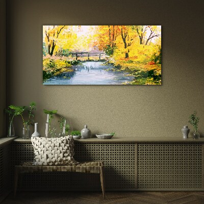 Golden autumn on the river Glass Wall Art