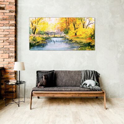 Golden autumn on the river Glass Wall Art