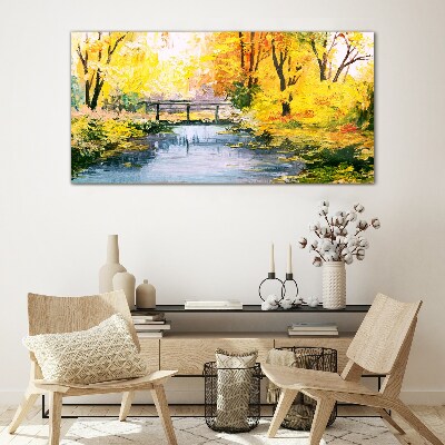 Golden autumn on the river Glass Wall Art