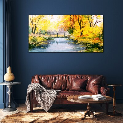 Golden autumn on the river Glass Wall Art