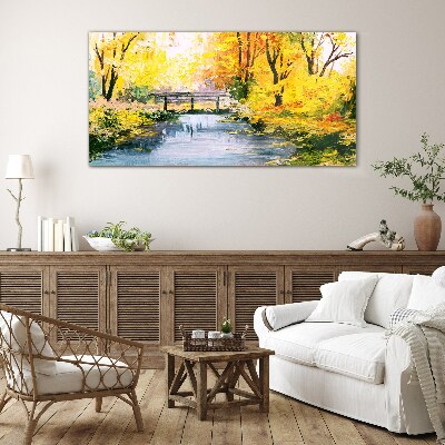 Golden autumn on the river Glass Wall Art