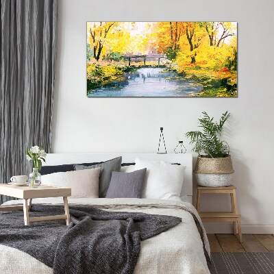 Golden autumn on the river Glass Wall Art