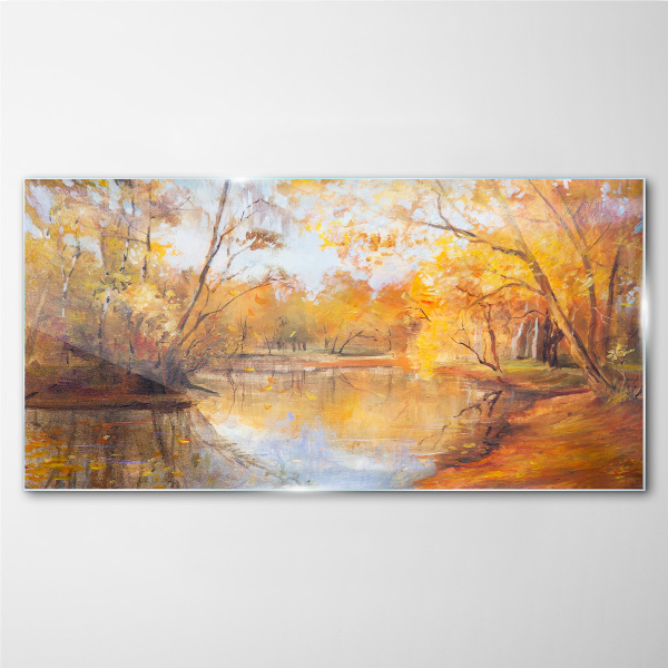 Autumn scenery by the river Glass Wall Art