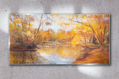 Autumn scenery by the river Glass Wall Art