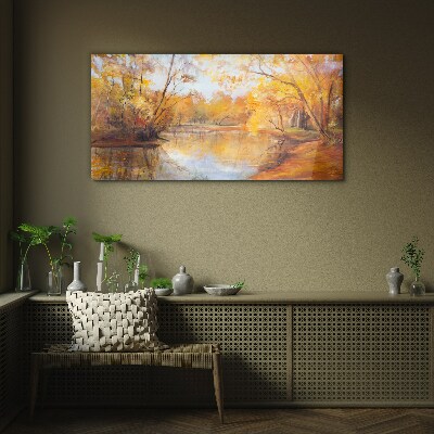 Autumn scenery by the river Glass Wall Art