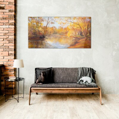 Autumn scenery by the river Glass Wall Art