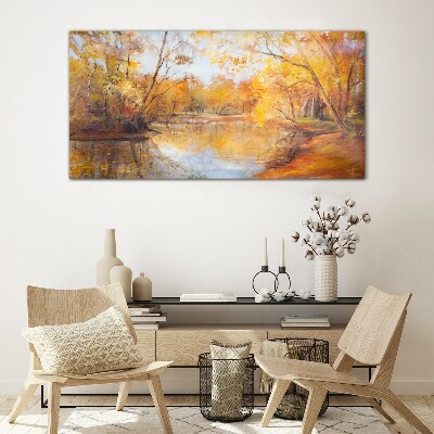Autumn scenery by the river Glass Wall Art
