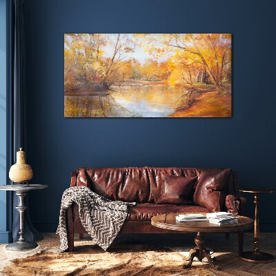 Autumn scenery by the river Glass Wall Art