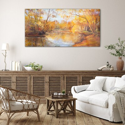 Autumn scenery by the river Glass Wall Art