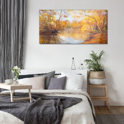 Autumn scenery by the river Glass Wall Art