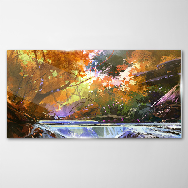 Autumn landscape by the river Glass Wall Art