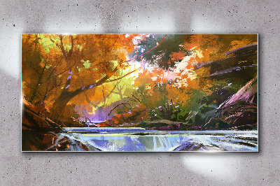 Autumn landscape by the river Glass Wall Art