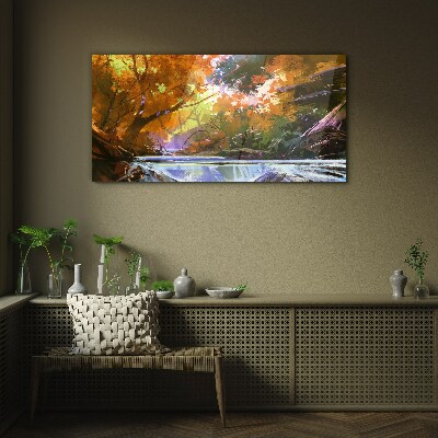 Autumn landscape by the river Glass Wall Art