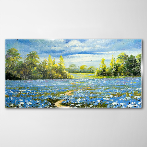 Spring landscape with blue flowers Glass Print