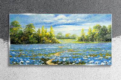 Spring landscape with blue flowers Glass Print