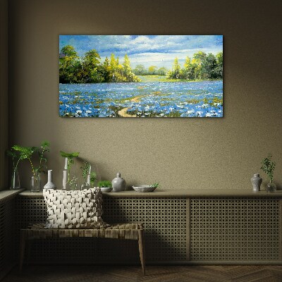 Spring landscape with blue flowers Glass Print