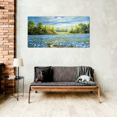 Spring landscape with blue flowers Glass Print