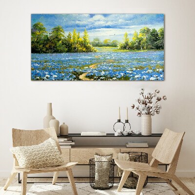 Spring landscape with blue flowers Glass Print