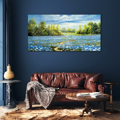 Spring landscape with blue flowers Glass Print