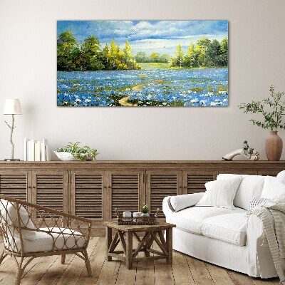 Spring landscape with blue flowers Glass Print