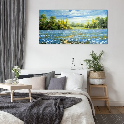Spring landscape with blue flowers Glass Print