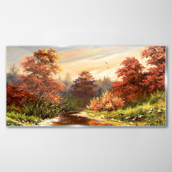 Autumn scenery with a river Glass Print