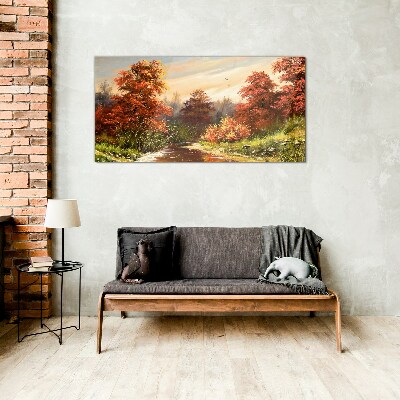 Autumn scenery with a river Glass Print