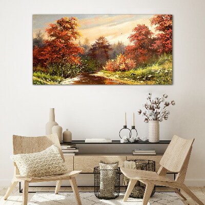 Autumn scenery with a river Glass Print
