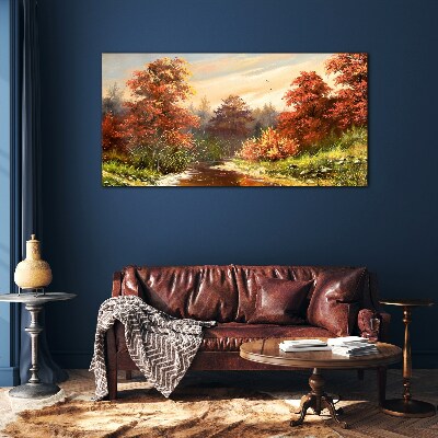 Autumn scenery with a river Glass Print