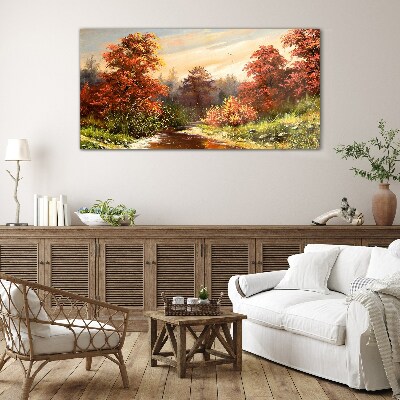 Autumn scenery with a river Glass Print