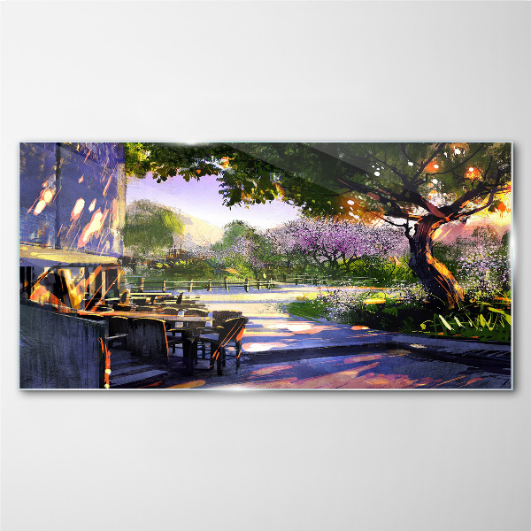 Spring landscape with flowering trees Glass Wall Art