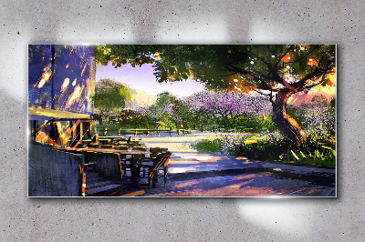 Spring landscape with flowering trees Glass Wall Art