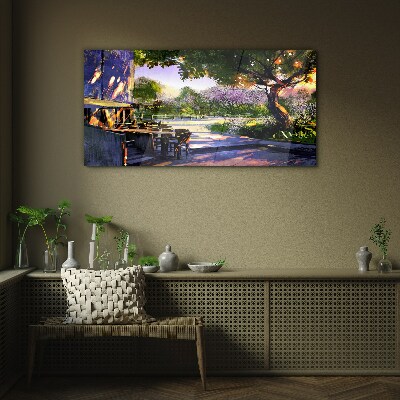 Spring landscape with flowering trees Glass Wall Art