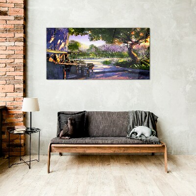 Spring landscape with flowering trees Glass Wall Art
