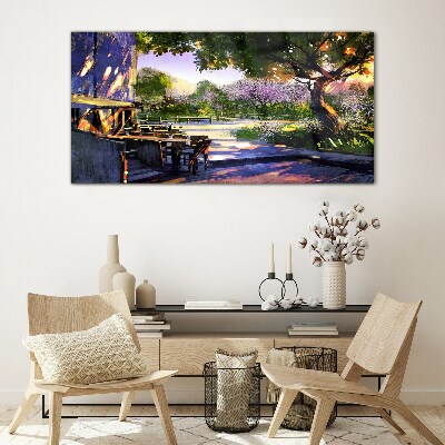Spring landscape with flowering trees Glass Wall Art