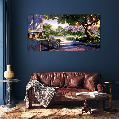 Spring landscape with flowering trees Glass Wall Art