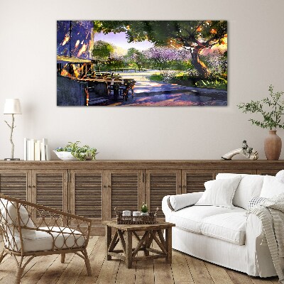 Spring landscape with flowering trees Glass Wall Art