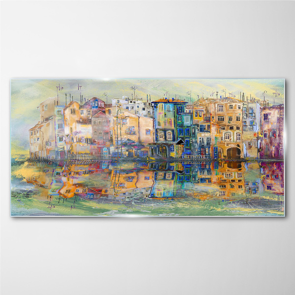 A colorful town by the water Glass Wall Art