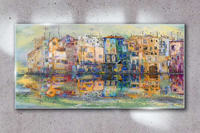 A colorful town by the water Glass Wall Art