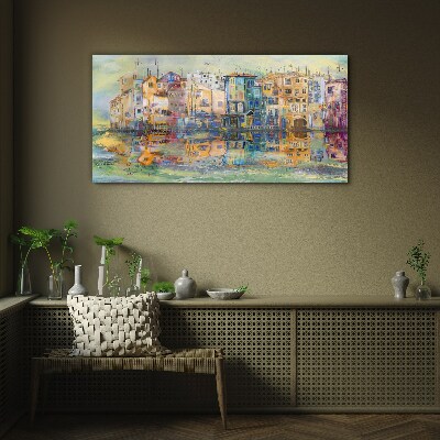 A colorful town by the water Glass Wall Art