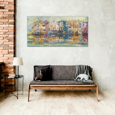 A colorful town by the water Glass Wall Art