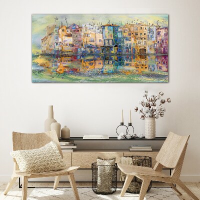 A colorful town by the water Glass Wall Art