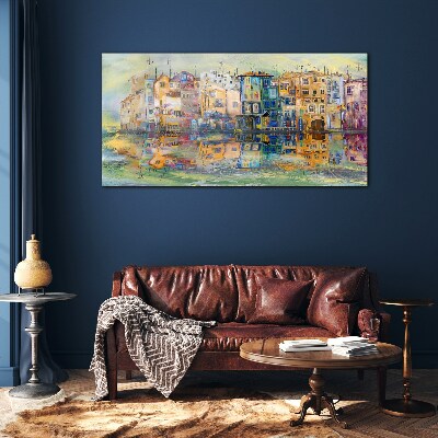A colorful town by the water Glass Wall Art
